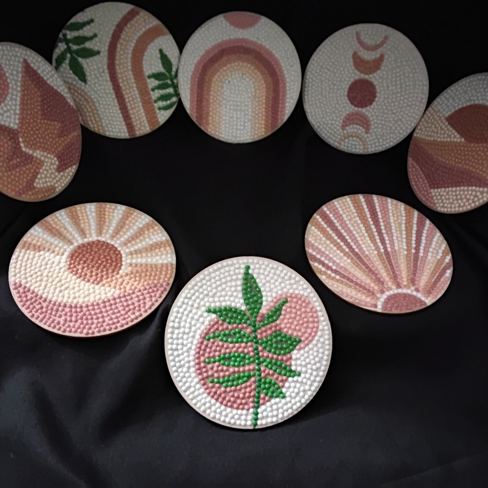 Abstract Patterned Coasters Set - Pink, Green, and White